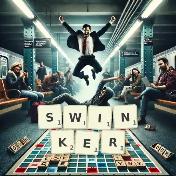 Creative illustration for a Scrabble game with the word SWINKER spelled out in tiles on the board.