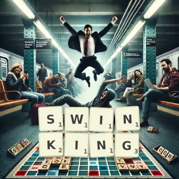 Creative illustration for a Scrabble game with the word SWINKING spelled out in tiles on the board.
