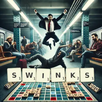 Creative illustration for a Scrabble game with the word SWINKS spelled out in tiles on the board.