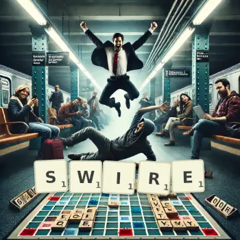 Creative illustration for a Scrabble game with the word SWIRE spelled out in tiles on the board.