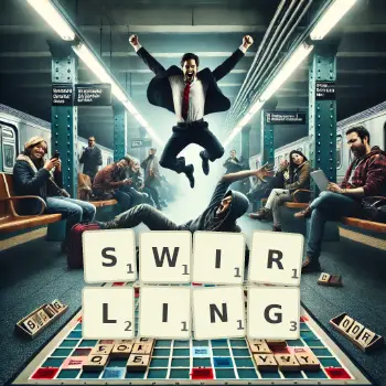 Creative illustration for a Scrabble game with the word SWIRLING spelled out in tiles on the board.