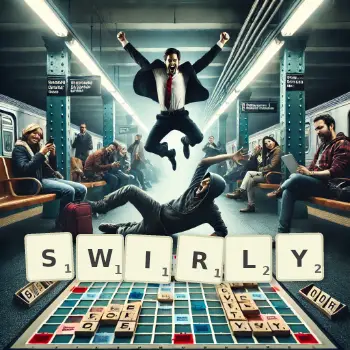 Creative illustration for a Scrabble game with the word SWIRLY spelled out in tiles on the board.