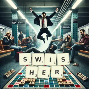 Creative illustration for a Scrabble game with the word SWISHER spelled out in tiles on the board.