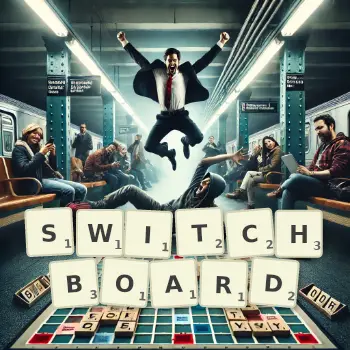 Creative illustration for a Scrabble game with the word SWITCHBOARD spelled out in tiles on the board.