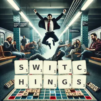 Creative illustration for a Scrabble game with the word SWITCHINGS spelled out in tiles on the board.