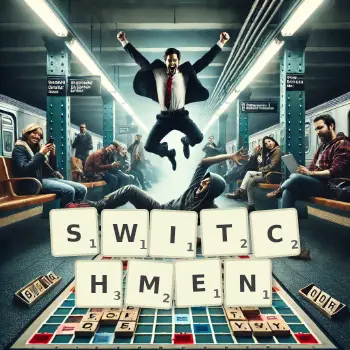 Creative illustration for a Scrabble game with the word SWITCHMEN spelled out in tiles on the board.