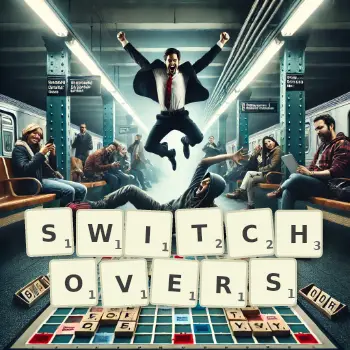 Creative illustration for a Scrabble game with the word SWITCHOVERS spelled out in tiles on the board.