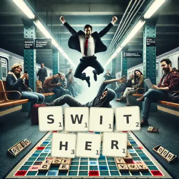 Creative illustration for a Scrabble game with the word SWITHER spelled out in tiles on the board.