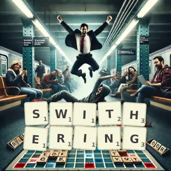 Creative illustration for a Scrabble game with the word SWITHERING spelled out in tiles on the board.