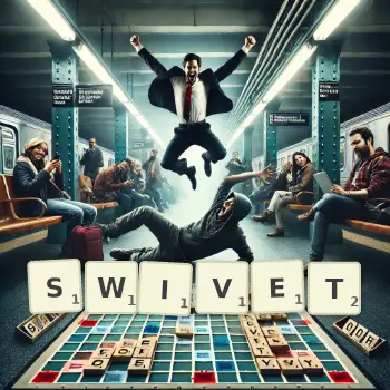 Creative illustration for a Scrabble game with the word SWIVET spelled out in tiles on the board.