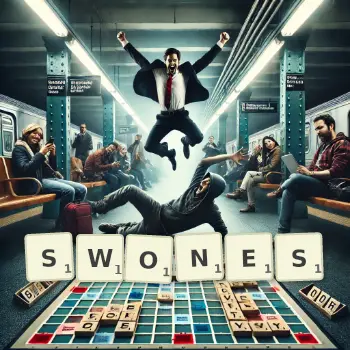 Creative illustration for a Scrabble game with the word SWONES spelled out in tiles on the board.