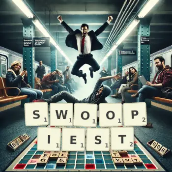 Creative illustration for a Scrabble game with the word SWOOPIEST spelled out in tiles on the board.