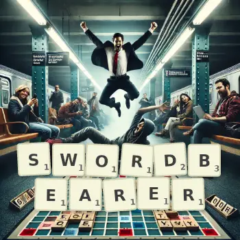 Creative illustration for a Scrabble game with the word SWORDBEARER spelled out in tiles on the board.