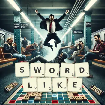Creative illustration for a Scrabble game with the word SWORDLIKE spelled out in tiles on the board.