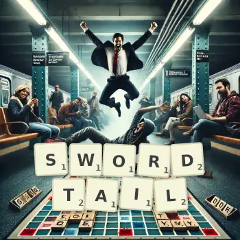 Creative illustration for a Scrabble game with the word SWORDTAIL spelled out in tiles on the board.