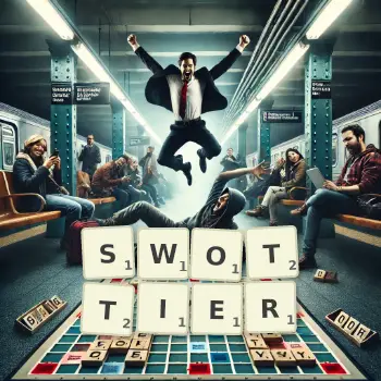 Creative illustration for a Scrabble game with the word SWOTTIER spelled out in tiles on the board.