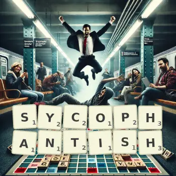 Creative illustration for a Scrabble game with the word SYCOPHANTISH spelled out in tiles on the board.