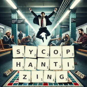Creative illustration for a Scrabble game with the word SYCOPHANTIZING spelled out in tiles on the board.