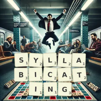 Creative illustration for a Scrabble game with the word SYLLABICATING spelled out in tiles on the board.