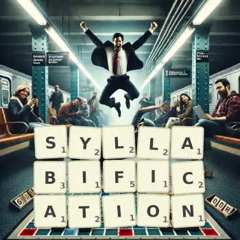 Creative illustration for a Scrabble game with the word SYLLABIFICATION spelled out in tiles on the board.