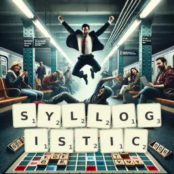 Creative illustration for a Scrabble game with the word SYLLOGISTIC spelled out in tiles on the board.