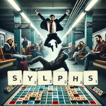 Creative illustration for a Scrabble game with the word SYLPHS spelled out in tiles on the board.