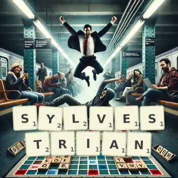 Creative illustration for a Scrabble game with the word SYLVESTRIAN spelled out in tiles on the board.