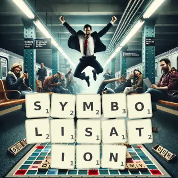 Creative illustration for a Scrabble game with the word SYMBOLISATION spelled out in tiles on the board.