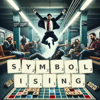 Creative illustration for a Scrabble game with the word SYMBOLISING spelled out in tiles on the board.
