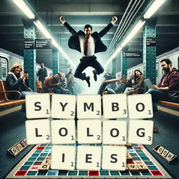 Creative illustration for a Scrabble game with the word SYMBOLOLOGIES spelled out in tiles on the board.