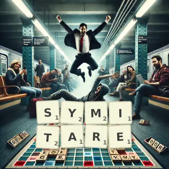 Creative illustration for a Scrabble game with the word SYMITARE spelled out in tiles on the board.
