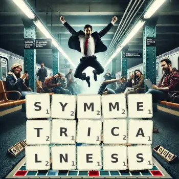 Creative illustration for a Scrabble game with the word SYMMETRICALNESS spelled out in tiles on the board.