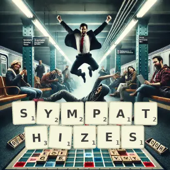 Creative illustration for a Scrabble game with the word SYMPATHIZES spelled out in tiles on the board.