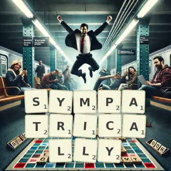 Creative illustration for a Scrabble game with the word SYMPATRICALLY spelled out in tiles on the board.
