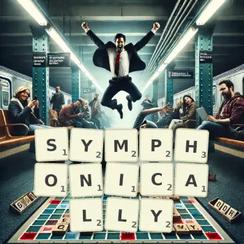 Creative illustration for a Scrabble game with the word SYMPHONICALLY spelled out in tiles on the board.
