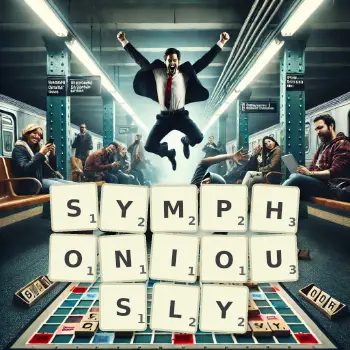 Creative illustration for a Scrabble game with the word SYMPHONIOUSLY spelled out in tiles on the board.