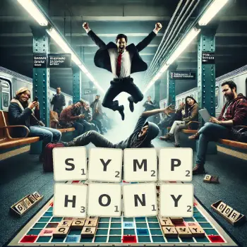 Creative illustration for a Scrabble game with the word SYMPHONY spelled out in tiles on the board.