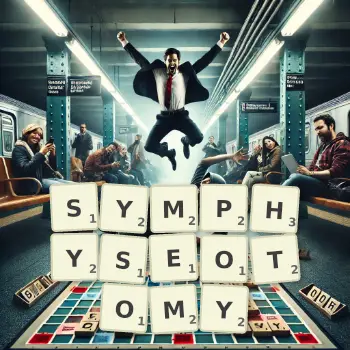 Creative illustration for a Scrabble game with the word SYMPHYSEOTOMY spelled out in tiles on the board.