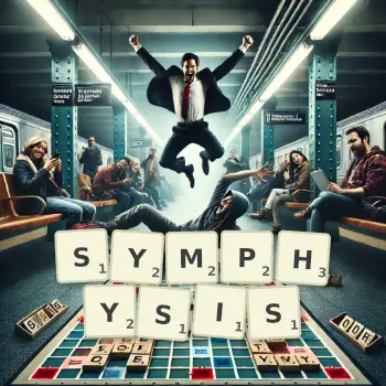 Creative illustration for a Scrabble game with the word SYMPHYSIS spelled out in tiles on the board.