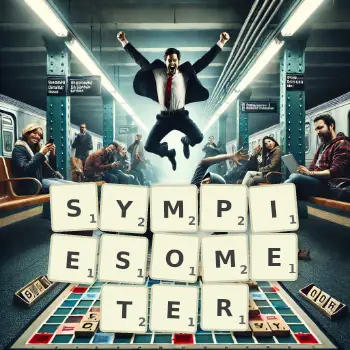 Creative illustration for a Scrabble game with the word SYMPIESOMETER spelled out in tiles on the board.