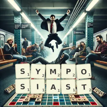 Creative illustration for a Scrabble game with the word SYMPOSIAST spelled out in tiles on the board.