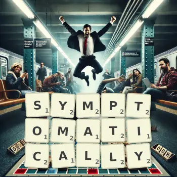 Creative illustration for a Scrabble game with the word SYMPTOMATICALLY spelled out in tiles on the board.