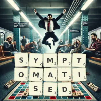 Creative illustration for a Scrabble game with the word SYMPTOMATISED spelled out in tiles on the board.