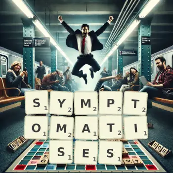 Creative illustration for a Scrabble game with the word SYMPTOMATISES spelled out in tiles on the board.