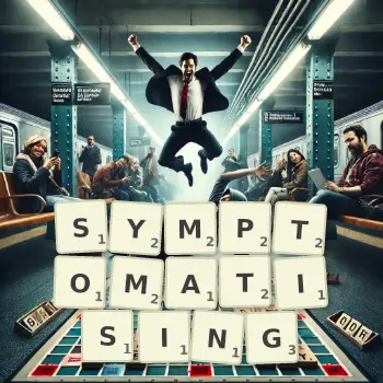 Creative illustration for a Scrabble game with the word SYMPTOMATISING spelled out in tiles on the board.