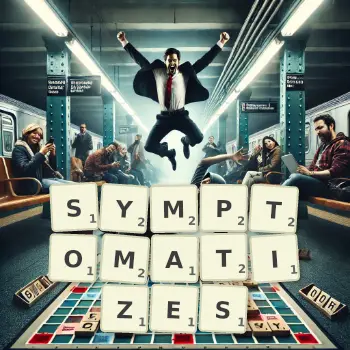 Creative illustration for a Scrabble game with the word SYMPTOMATIZES spelled out in tiles on the board.