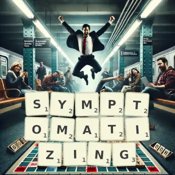 Creative illustration for a Scrabble game with the word SYMPTOMATIZING spelled out in tiles on the board.