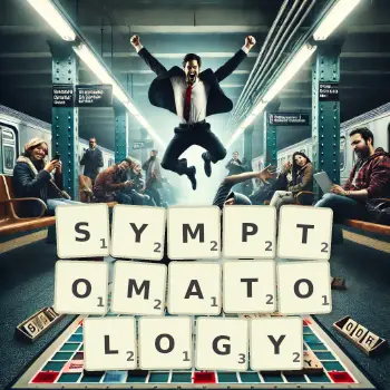 Creative illustration for a Scrabble game with the word SYMPTOMATOLOGY spelled out in tiles on the board.