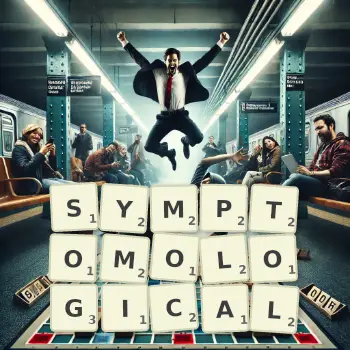 Creative illustration for a Scrabble game with the word SYMPTOMOLOGICAL spelled out in tiles on the board.