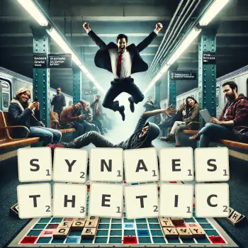 Creative illustration for a Scrabble game with the word SYNAESTHETIC spelled out in tiles on the board.